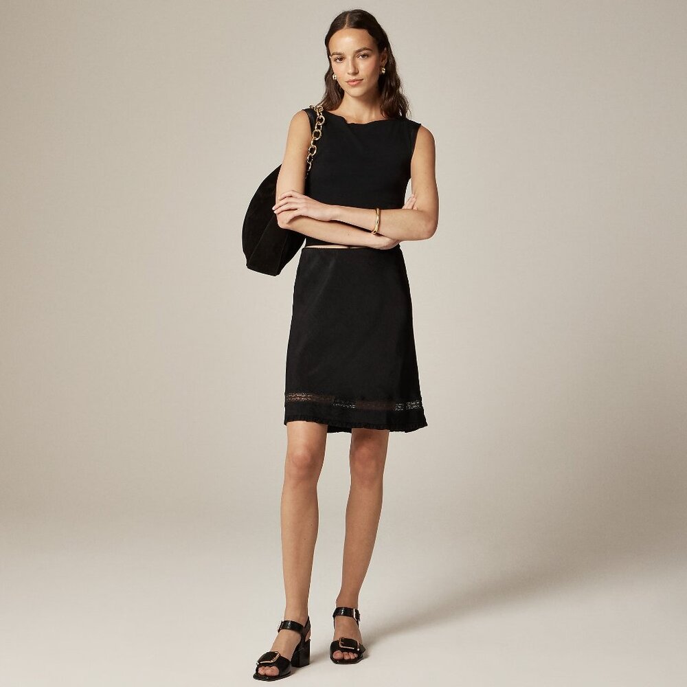 J. Crew Lace-trim slip skirt in matte textured satin Black New With Tag
